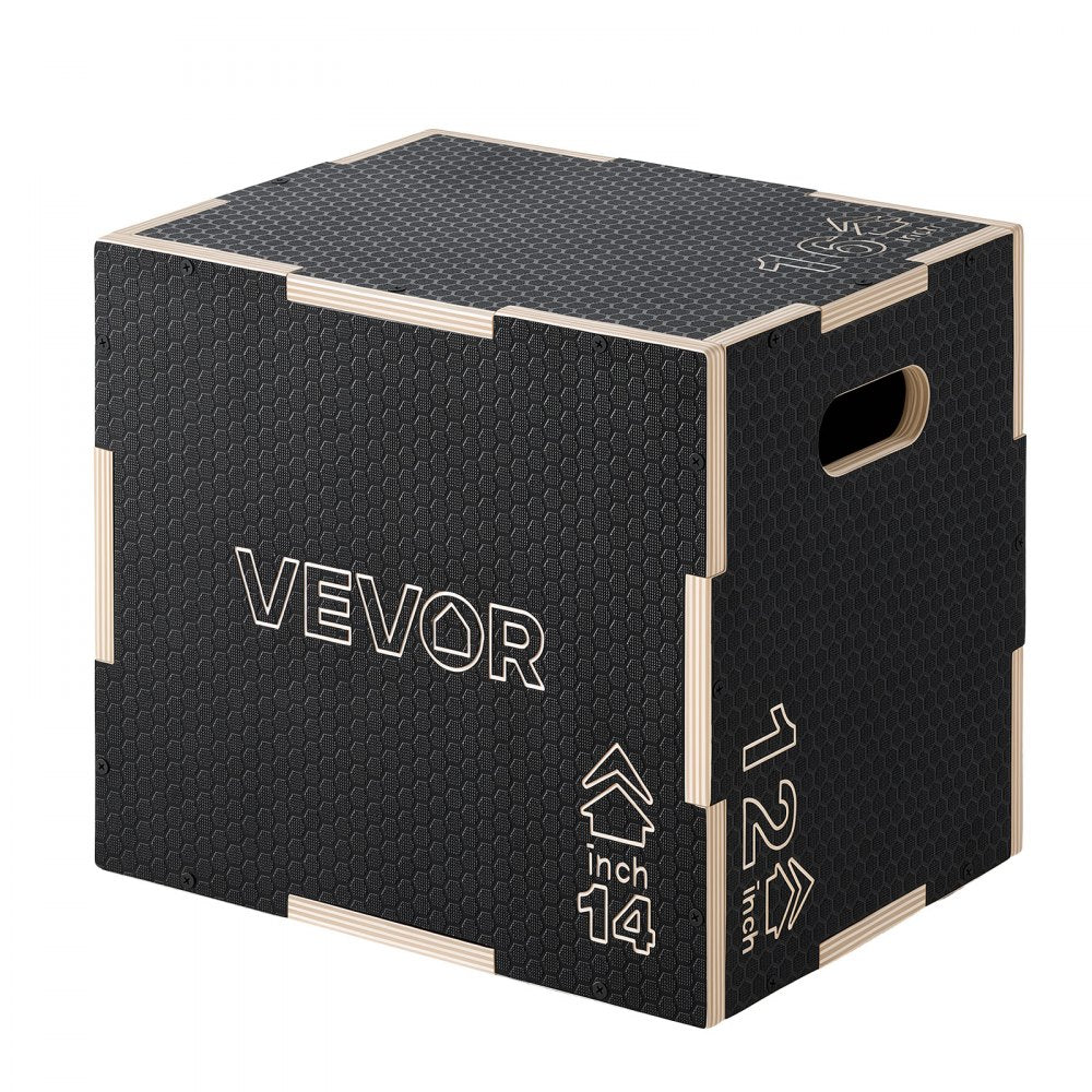 VEVOR 3-in-1 Wooden Plyo Box, 12/14/16-Inch, Non-Slip Plyometric Jump Boxes, for Home Gym, Step-Up Training Exercise Platform with Smooth Edges, Built-In Handles, Pre-Drilled Holes & Stable Support