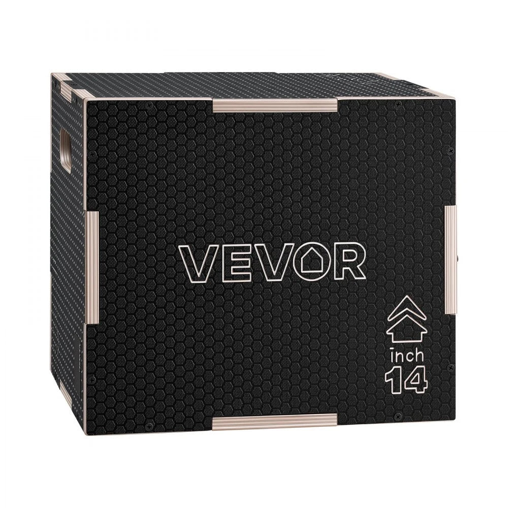 VEVOR 3-in-1 Wooden Plyo Box, 12/14/16-Inch, Non-Slip Plyometric Jump Boxes, for Home Gym, Step-Up Training Exercise Platform with Smooth Edges, Built-In Handles, Pre-Drilled Holes & Stable Support