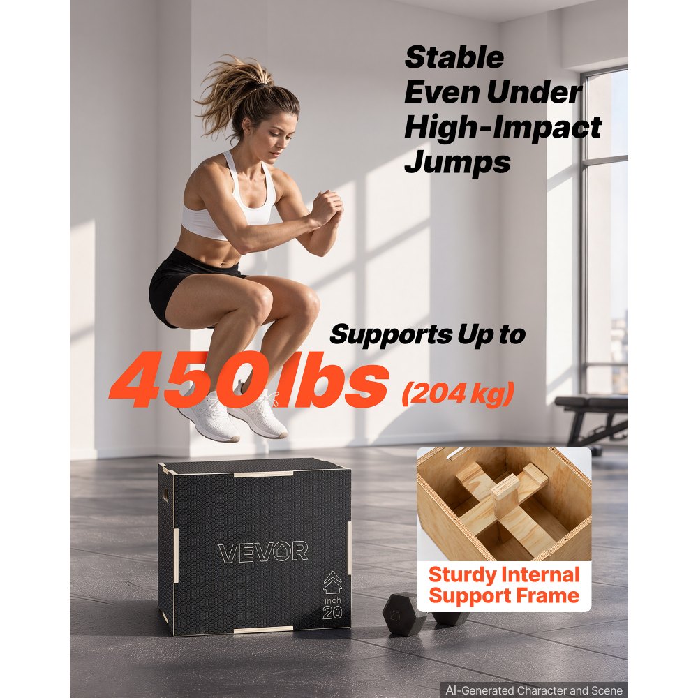 VEVOR 3-in-1 Wooden Plyo Box, 16/20/24-Inch, Non-Slip Plyometric Jump Boxes, for Home Gym, Step-Up Training Exercise Platform with Smooth Edges, Built-In Handles, Pre-Drilled Holes & Stable Support