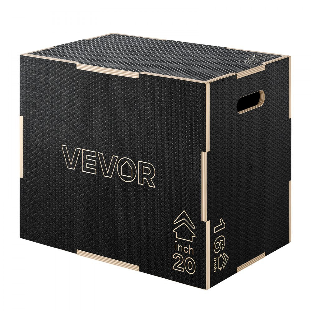 VEVOR 3-in-1 Wooden Plyo Box, 16/20/24-Inch, Non-Slip Plyometric Jump Boxes, for Home Gym, Step-Up Training Exercise Platform with Smooth Edges, Built-In Handles, Pre-Drilled Holes & Stable Support