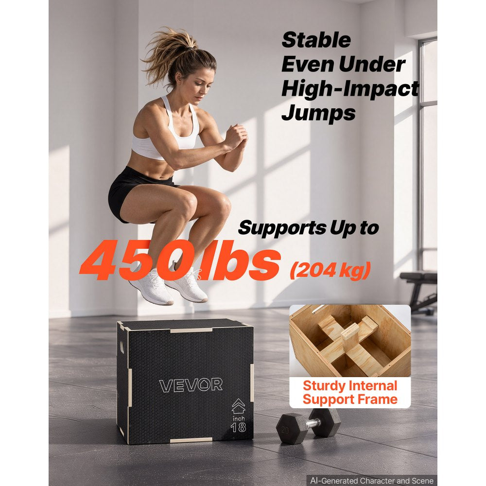 VEVOR 3-in-1 Wooden Plyo Box, 16/18/20-Inch, Non-Slip Plyometric Jump Boxes, for Home Gym, Step-Up Training Exercise Platform with Smooth Edges, Built-In Handles, Pre-Drilled Holes & Stable Support