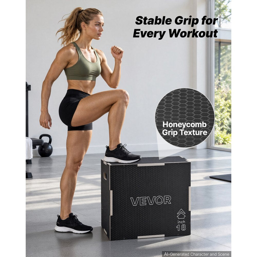 VEVOR 3-in-1 Wooden Plyo Box, 16/18/20-Inch, Non-Slip Plyometric Jump Boxes, for Home Gym, Step-Up Training Exercise Platform with Smooth Edges, Built-In Handles, Pre-Drilled Holes & Stable Support