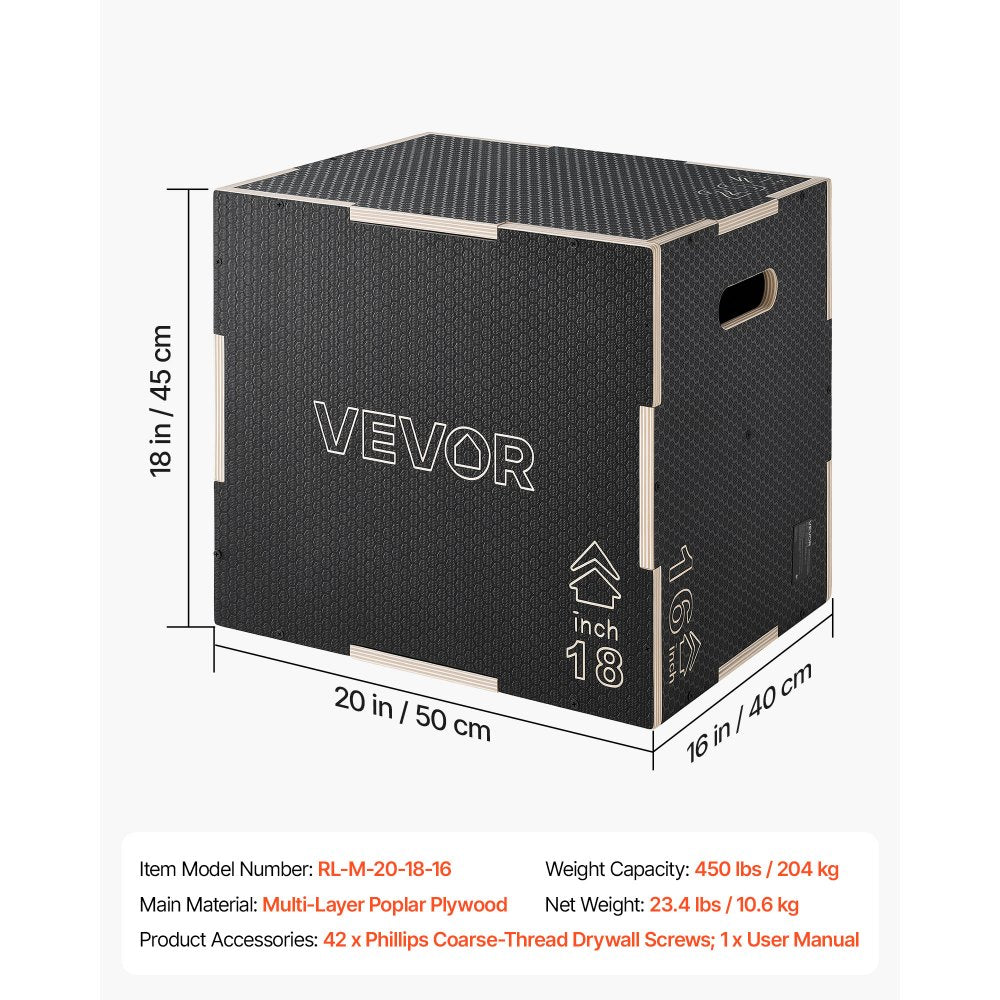 VEVOR 3-in-1 Wooden Plyo Box, 16/18/20-Inch, Non-Slip Plyometric Jump Boxes, for Home Gym, Step-Up Training Exercise Platform with Smooth Edges, Built-In Handles, Pre-Drilled Holes & Stable Support
