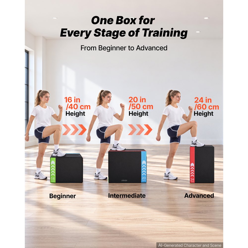 VEVOR 3-in-1 High-Density Foam Plyo Box 16/20/24-Inch Plyometric Jump Boxes, for Home Gym, Non-Slip Step-Up Training Exercise Platform with Impact Cushioning, PVC Mesh, Rounded Edges, Stable Support