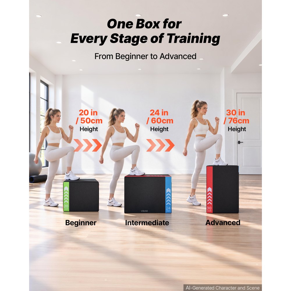 VEVOR 3-in-1 High-Density Foam Plyo Box 20/24/30-Inch Plyometric Jump Boxes, for Home Gym, Non-Slip Step-Up Training Exercise Platform with Impact Cushioning, PVC Mesh, Rounded Edges, Stable Support