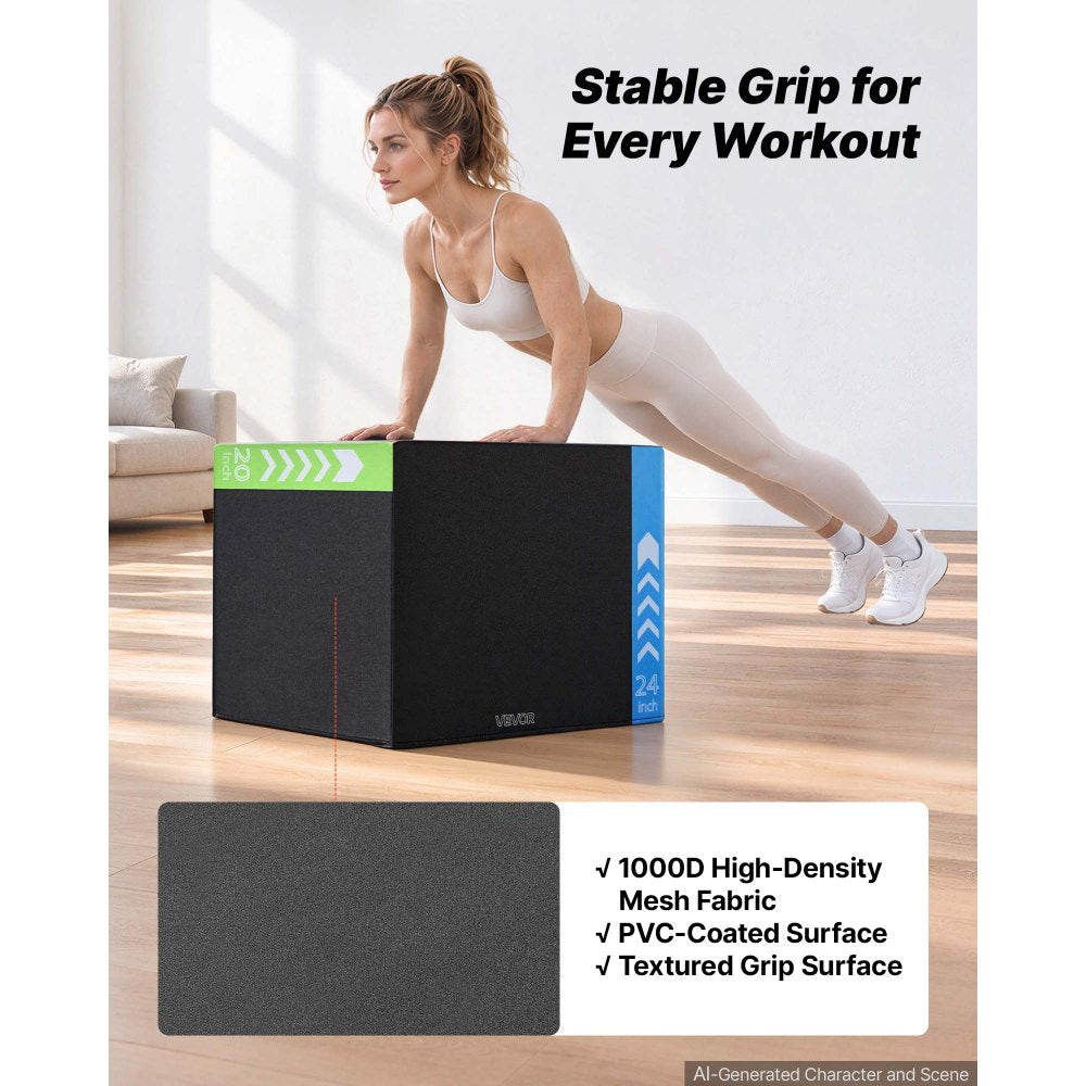 VEVOR 3-in-1 High-Density Foam Plyo Box 20/24/30-Inch Plyometric Jump Boxes, for Home Gym, Non-Slip Step-Up Training Exercise Platform with Impact Cushioning, PVC Mesh, Rounded Edges, Stable Support