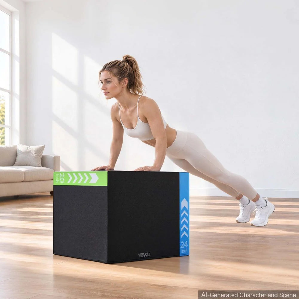 VEVOR 3-in-1 High-Density Foam Plyo Box 20/24/30-Inch Plyometric Jump Boxes, for Home Gym, Non-Slip Step-Up Training Exercise Platform with Impact Cushioning, PVC Mesh, Rounded Edges, Stable Support