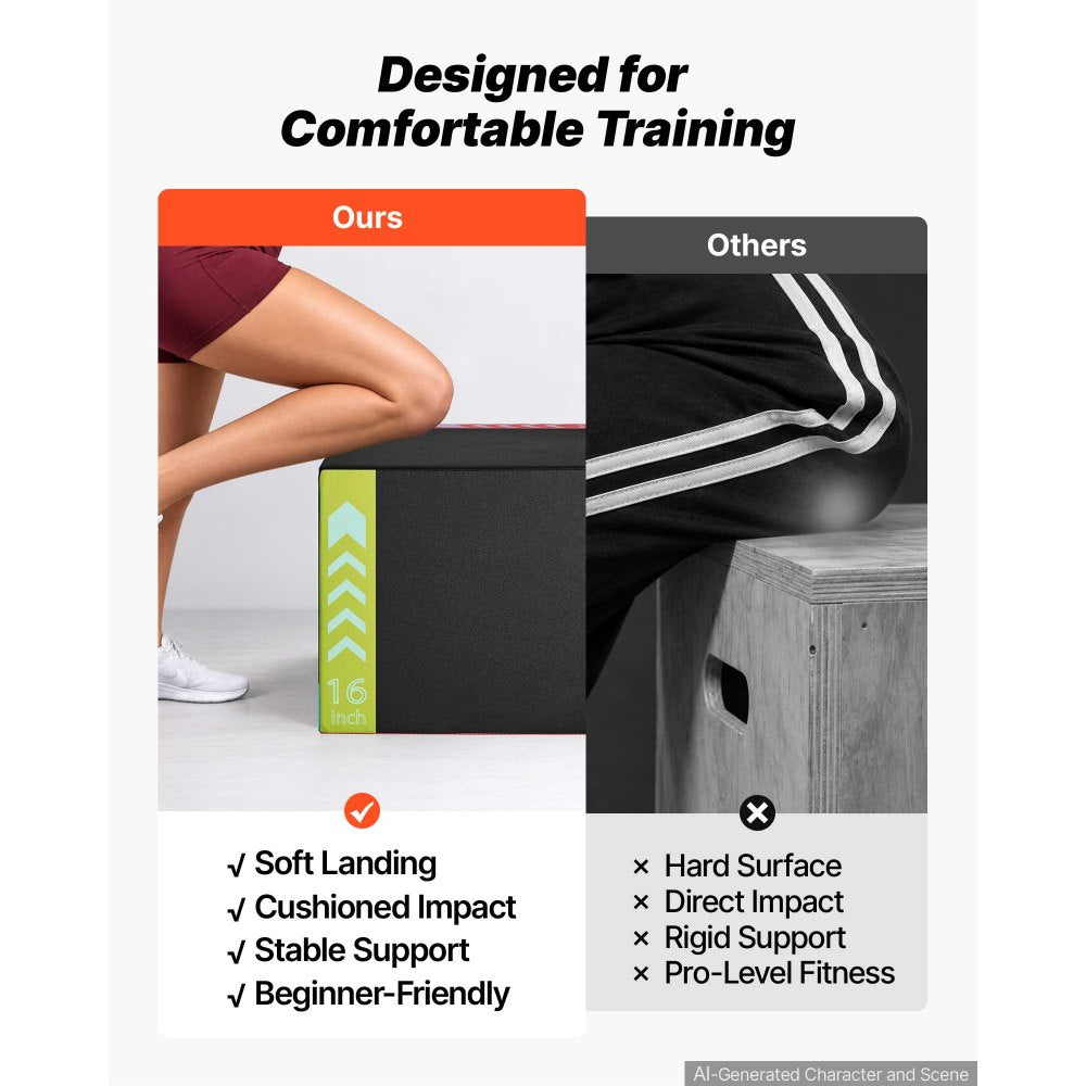 VEVOR 3-in-1 Rebonded Foam Plyo Box, 16/20/24-Inch, Plyometric Jump Boxes, for Home Gym, Non-Slip Step-Up Training Exercise Platform with Impact Cushioning, PVC Mesh, Shape Retention & Stable Support