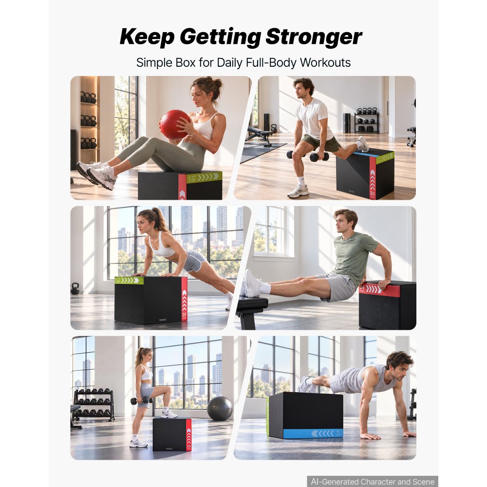 VEVOR 3-in-1 Rebonded Foam Plyo Box, 16/20/24-Inch, Plyometric Jump Boxes, for Home Gym, Non-Slip Step-Up Training Exercise Platform with Impact Cushioning, PVC Mesh, Shape Retention & Stable Support