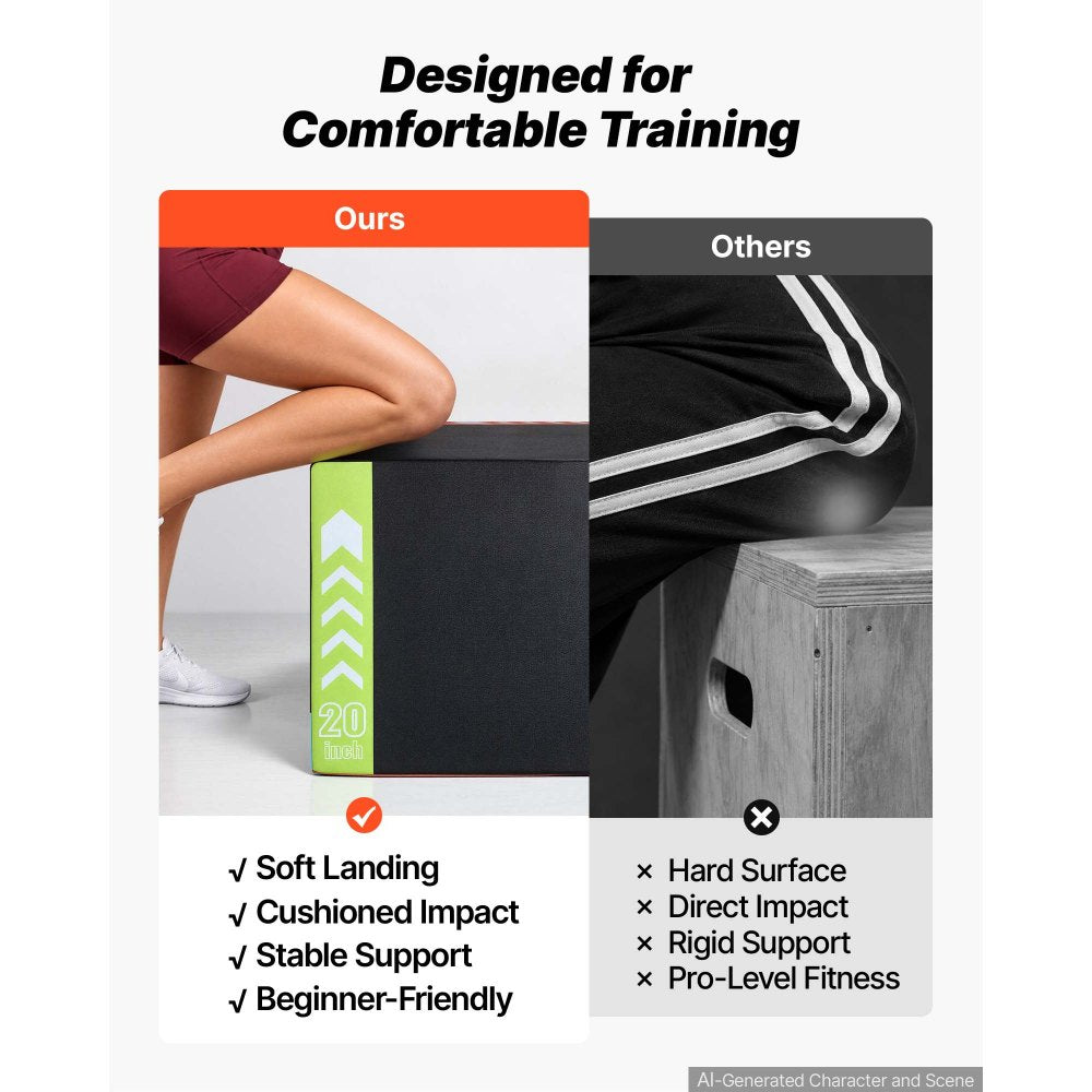 VEVOR 3-in-1 Rebonded Foam Plyo Box, 20/24/30-Inch, Plyometric Jump Boxes, for Home Gym, Non-Slip Step-Up Training Exercise Platform with Impact Cushioning, PVC Mesh, Shape Retention & Stable Support