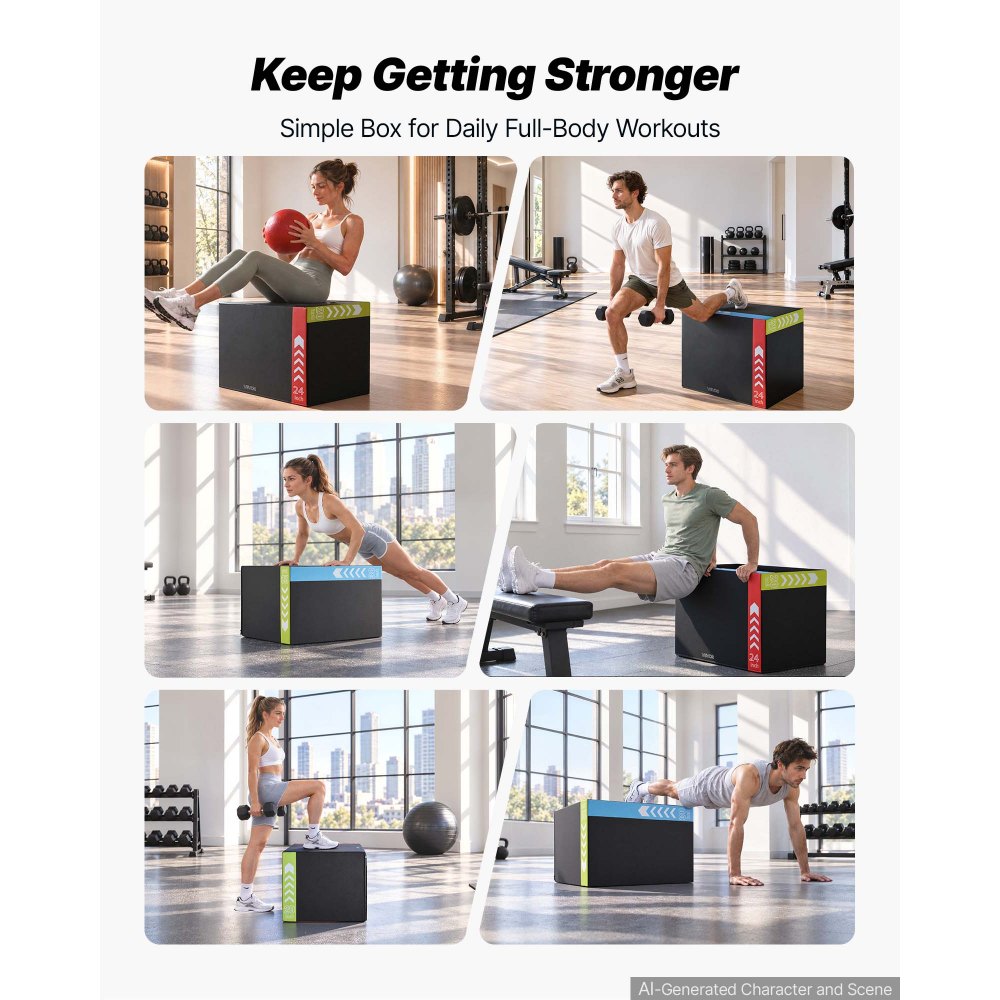 VEVOR 3-in-1 Rebonded Foam Plyo Box, 20/24/30-Inch, Plyometric Jump Boxes, for Home Gym, Non-Slip Step-Up Training Exercise Platform with Impact Cushioning, PVC Mesh, Shape Retention & Stable Support