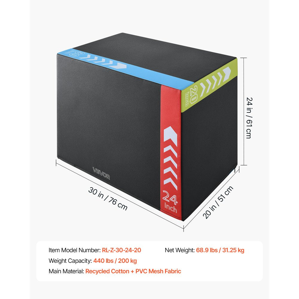 VEVOR 3-in-1 Rebonded Foam Plyo Box, 20/24/30-Inch, Plyometric Jump Boxes, for Home Gym, Non-Slip Step-Up Training Exercise Platform with Impact Cushioning, PVC Mesh, Shape Retention & Stable Support