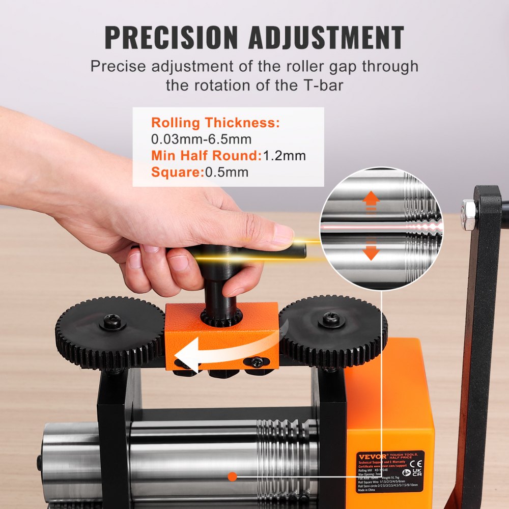 VEVOR Rolling Mill, 2.95"/75 mm Jewelry Rolling Mill Machine, 1: 2 Gear Ratio, 3-in-1 Multi-function Rolling Mill, 0.03-6.5mm Press Thickness for Metal Jewelry Making Sheet Square Wire Semicircle