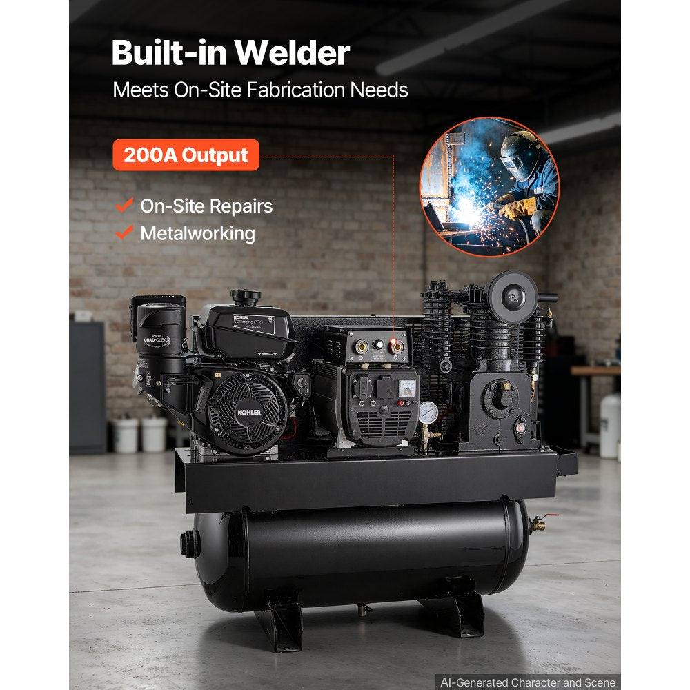 VEVOR 3-in-1 Gas Powered Air Compressor Generator Welder Combo, 14 HP 30 Gallon Air Compressor + 6000W Generator + 200A Welder, 14 CFM at 90 PSI Gas-Driven Air Compression System for Workshop Jobsite