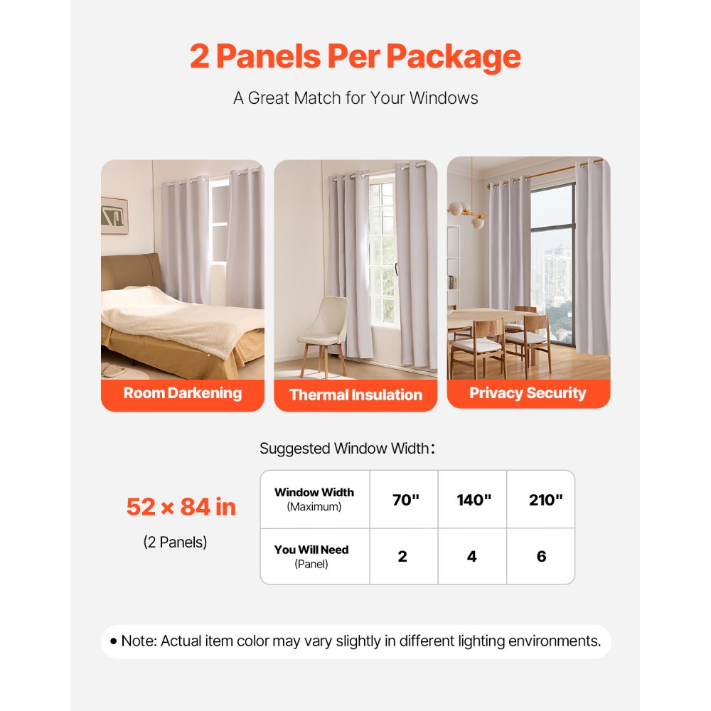 VEVOR Blackout Curtains, 84 Inch Length 2 Panels Set, 52 Inch Wide Each, Thermal Insulated 100% Blackout Light Blocking Drapes, 3-Layer, with Grommets, Curtains for Bedroom Living Room Window, White