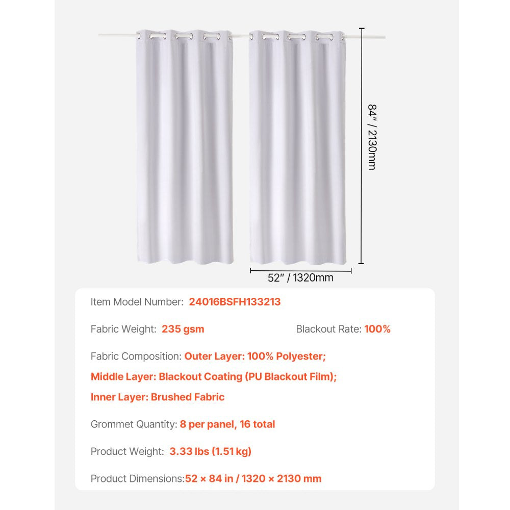 VEVOR Blackout Curtains, 84 Inch Length 2 Panels Set, 52 Inch Wide Each, Thermal Insulated 100% Blackout Light Blocking Drapes, 3-Layer, with Grommets, Curtains for Bedroom Living Room Window, White