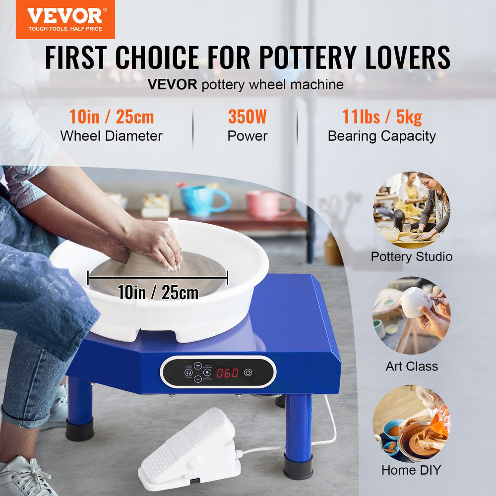 VEVOR Pottery Wheel, 10 in Ceramic Wheel Forming Machine, 60-300 RPM Adjustable Speed with Foot Pedal, ABS Detachable Basin, Manual LCD Panel, Sculpting Tool and Apron, for Home Pottery Craft DIY