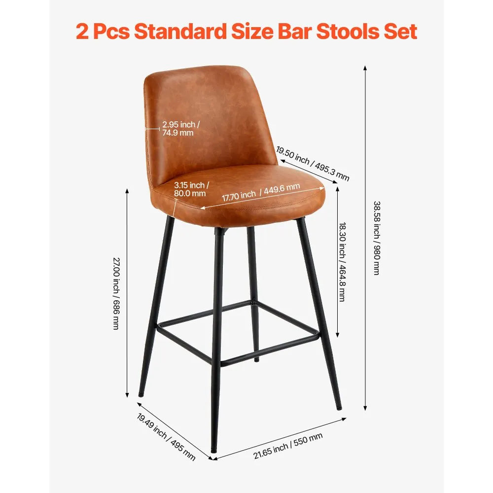 VEVOR Bar Stool Set of 2, 27 inch Counter Height Swivel Stools, Modern PU Leather Counter Barstool with Backrest and Metal Legs, Armless Bar Chair, Island Barstool for Kitchen, Dining Room, Brown