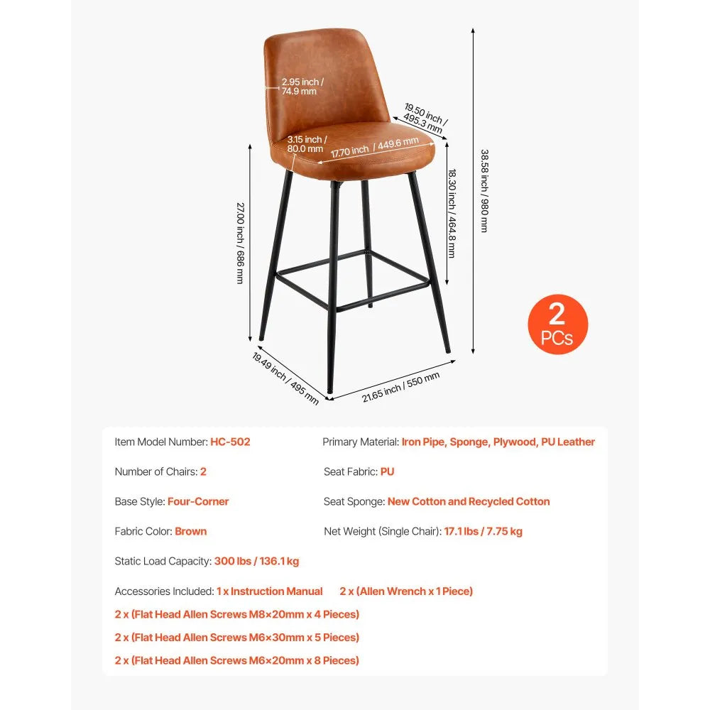 VEVOR Bar Stool Set of 2, 27 inch Counter Height Swivel Stools, Modern PU Leather Counter Barstool with Backrest and Metal Legs, Armless Bar Chair, Island Barstool for Kitchen, Dining Room, Brown