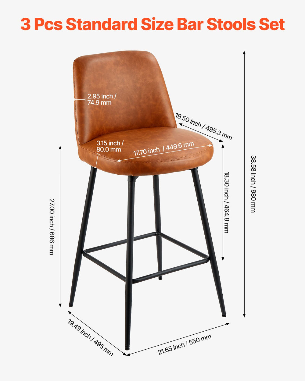 VEVOR bar stool dimensions - 3 pcs standard size bar stools set
