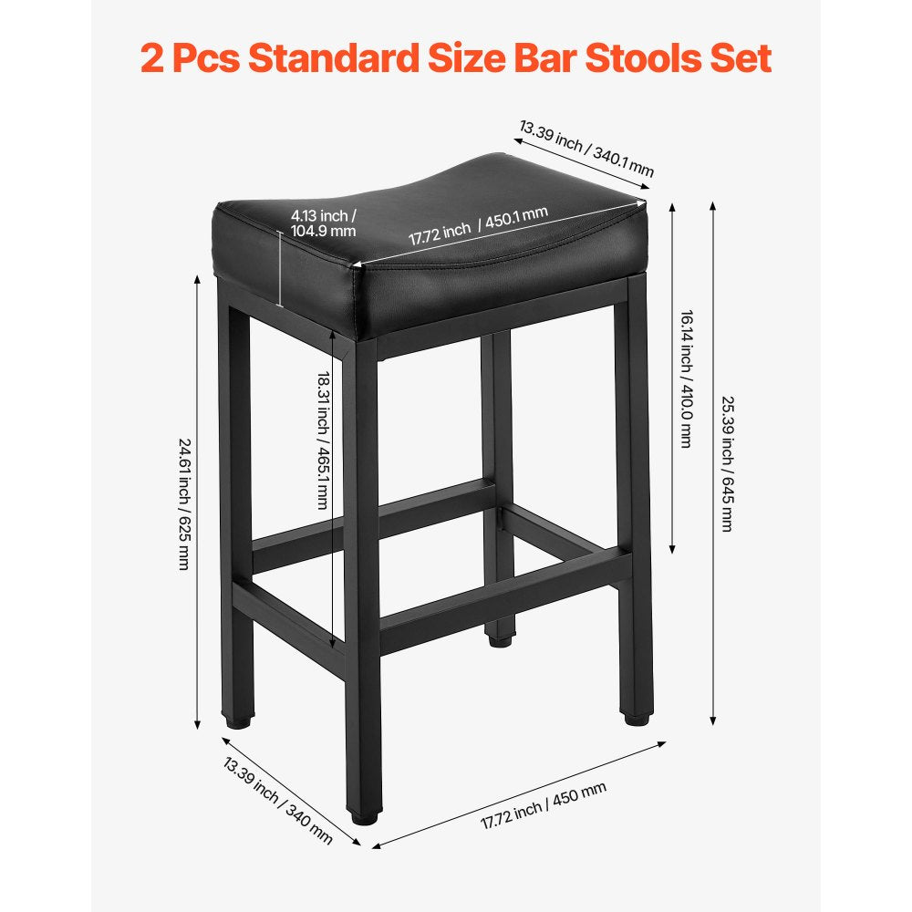 VEVOR Bar Stool Set of 2, PU Leather Counter Height Stools, 25 inch Barstool with Saddle-Seat and Metal Legs, Easy Assembly Backless Bar Chair, Island Barstools for Kitchen, Dining Room, Cafe, Black