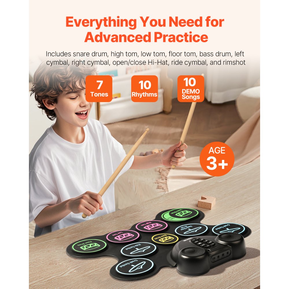 VEVOR Electric Drum Set, 9 Pads, Roll-up Drum Practice Pad, Electronic Drumset with Headphone Jack, Double Pedals, Drum Sticks, Built-in Dual Speakers, MIDI, Portable Instrument Toy for Kids Ages 3+