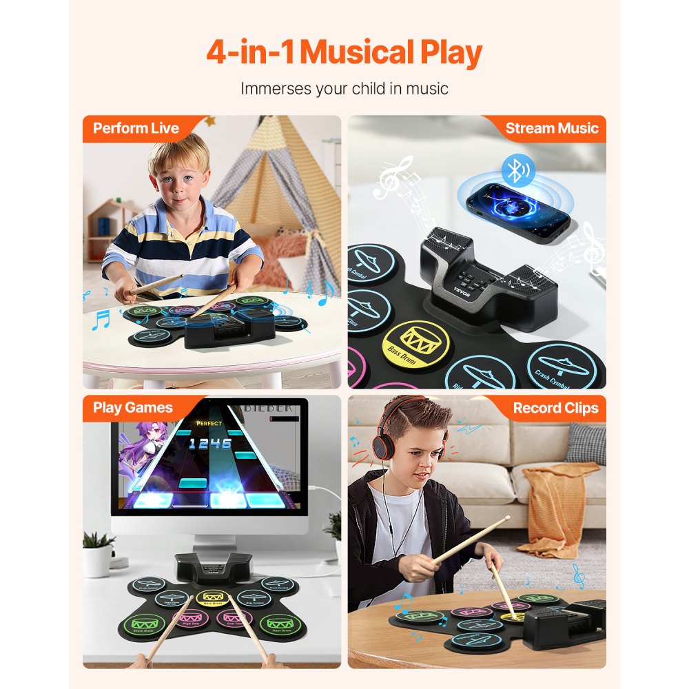 VEVOR Electric Drum Set, 9 Pads, Roll-up Drum Practice Pad, Electronic Drumset with Headphone Jack, Stand, Double Pedals, Light Up Drum Sticks, Built-in Dual Speakers, Instrument Toy for Kids Ages 3+