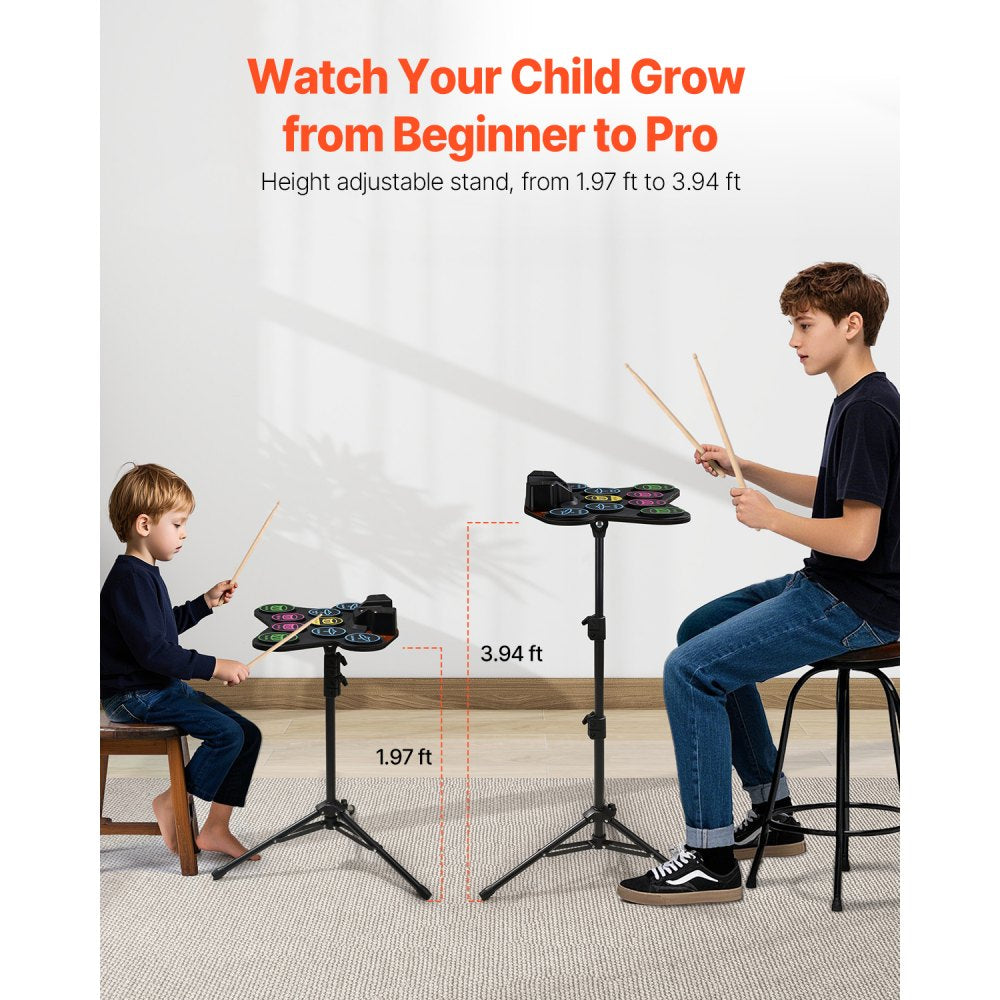 VEVOR Electric Drum Set, 9 Pads, Roll-up Drum Practice Pad, Electronic Drumset with Headphone Jack, Stand, Double Pedals, Light Up Drum Sticks, Built-in Dual Speakers, Instrument Toy for Kids Ages 3+