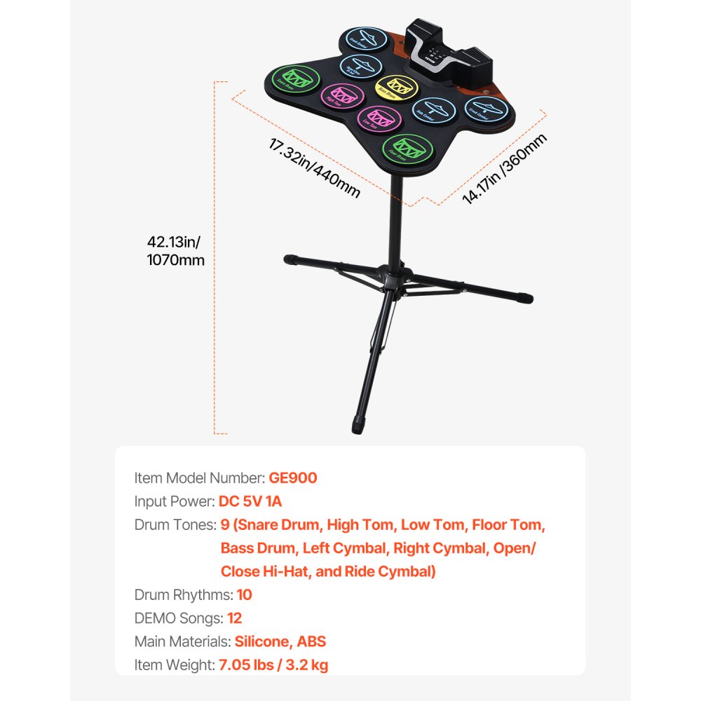VEVOR Electric Drum Set, 9 Pads, Roll-up Drum Practice Pad, Electronic Drumset with Headphone Jack, Stand, Double Pedals, Light Up Drum Sticks, Built-in Dual Speakers, Instrument Toy for Kids Ages 3+