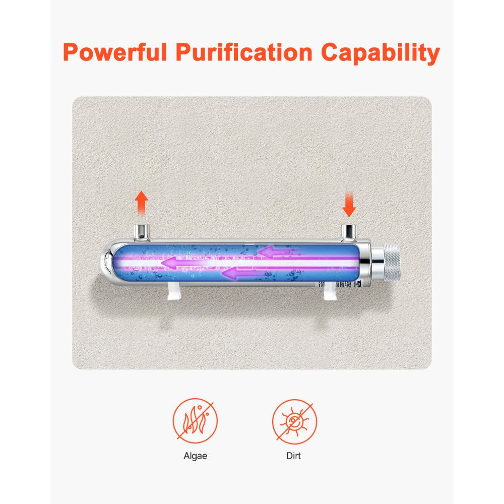 VEVOR UV Water Purifier, 12W 1GPM, 110V Versatile Ultraviolet Water Purifier Filter with Stainless Steel Housing, Whole House UV Water Filter with Quartz Sleeve Fit for Shower/Drinking/Cleaning