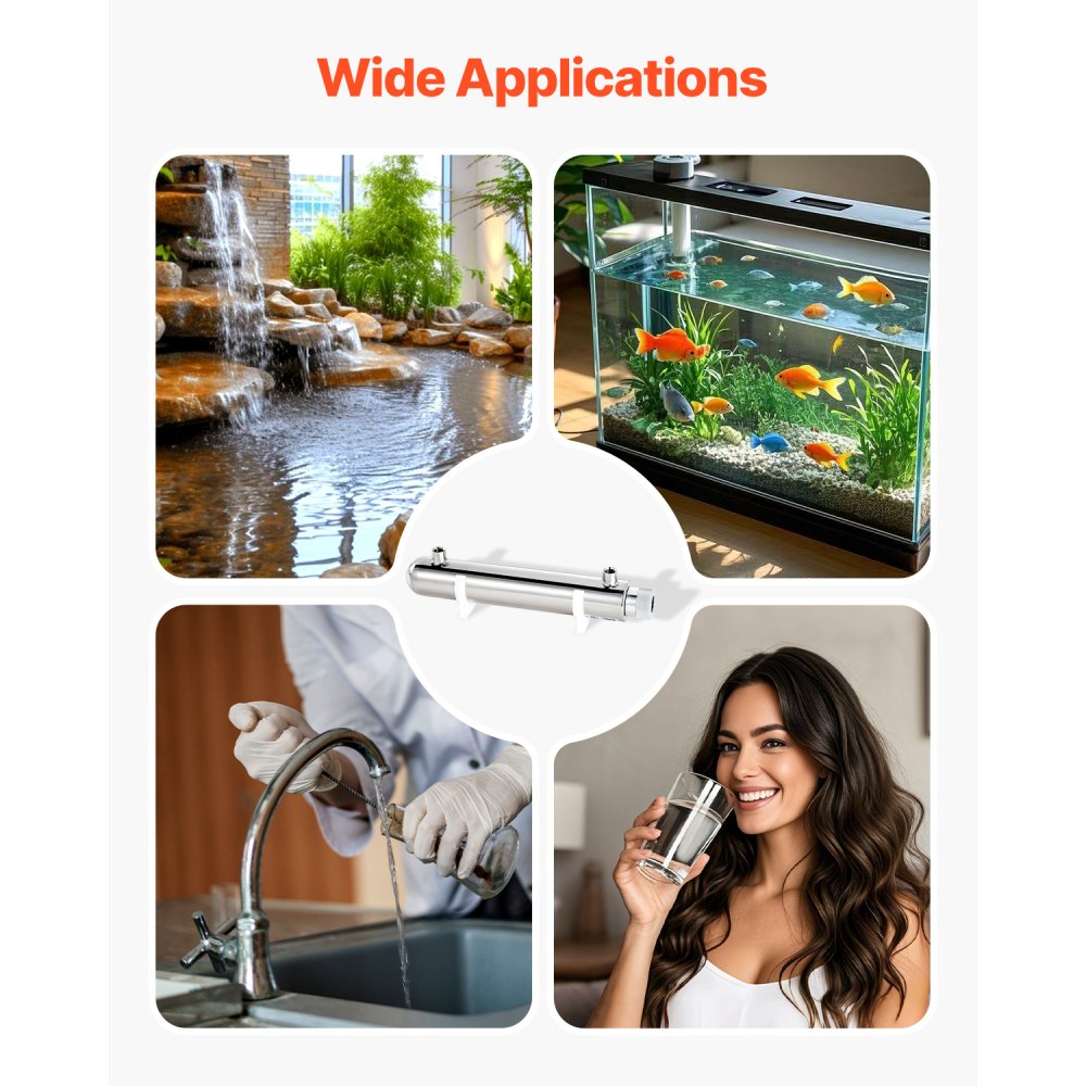 VEVOR UV Water Purifier, 12W 1GPM, 110V Versatile Ultraviolet Water Purifier Filter with Stainless Steel Housing, Whole House UV Water Filter with Quartz Sleeve Fit for Shower/Drinking/Cleaning