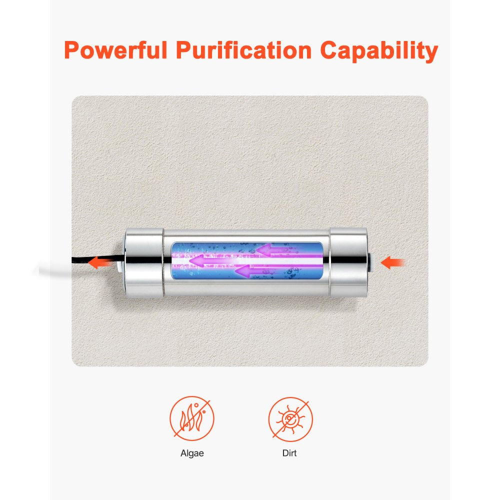 VEVOR UV Water Purifier, 8W 1GPM, 110V Versatile Ultraviolet Water Purifier Filter with Stainless Steel Housing, Whole House UV Water Filter with Quartz Sleeve Fit for Shower/Drinking/Cleaning