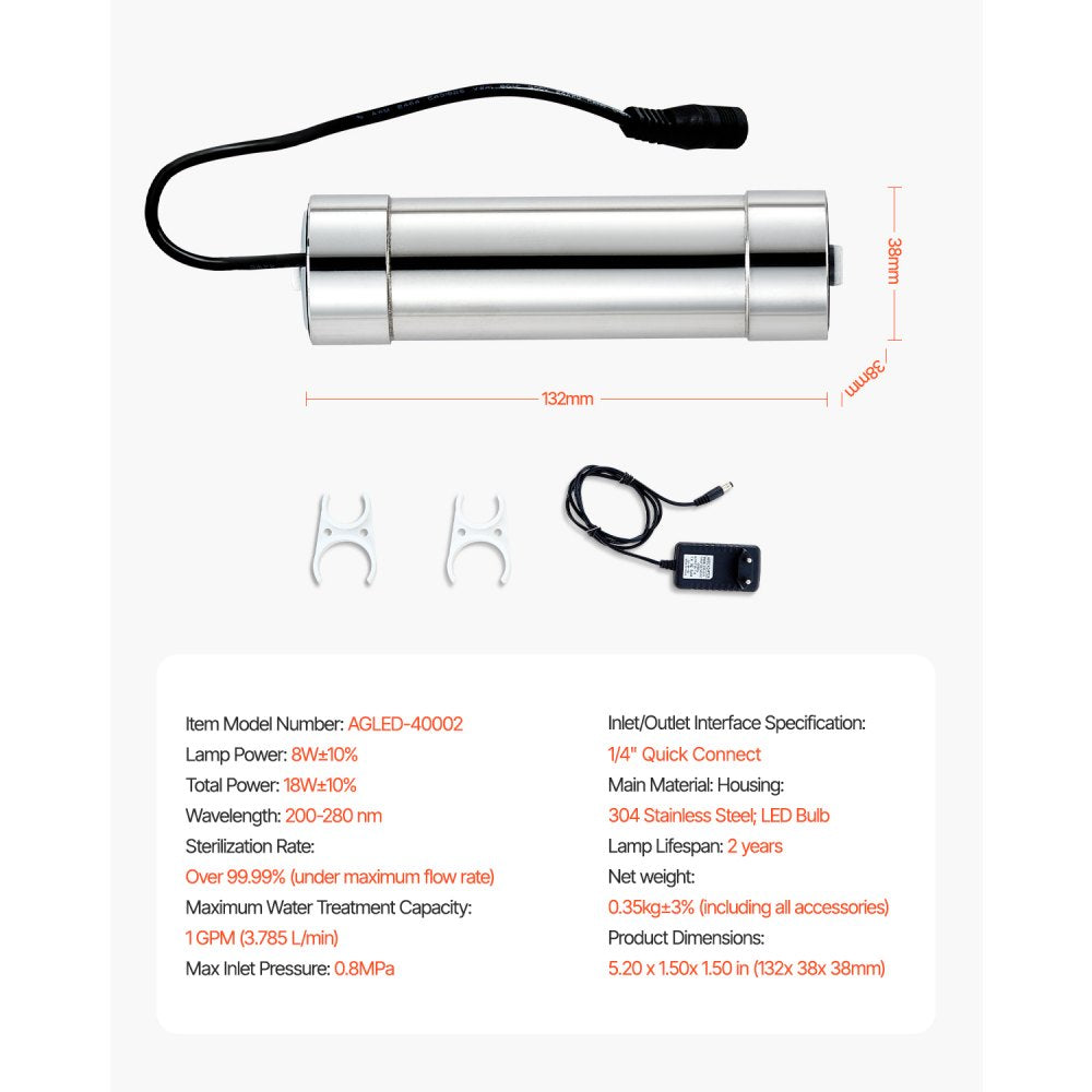 VEVOR UV Water Purifier, 8W 1GPM, 110V Versatile Ultraviolet Water Purifier Filter with Stainless Steel Housing, Whole House UV Water Filter with Quartz Sleeve Fit for Shower/Drinking/Cleaning