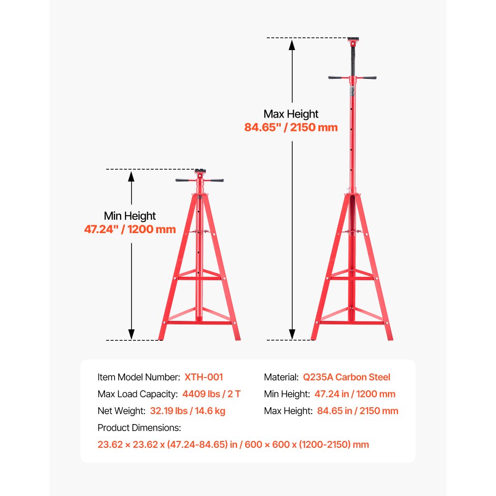 VEVOR Under Hoist Tripod Stand, 2 Ton (4409 lbs) Capacity High Lift Jack Stand Reach Underhoist Support, Lifting from 47.24" to 84.65", 4-Level Adjustable Height, Heavy Duty Carbon Steel for Car Lift