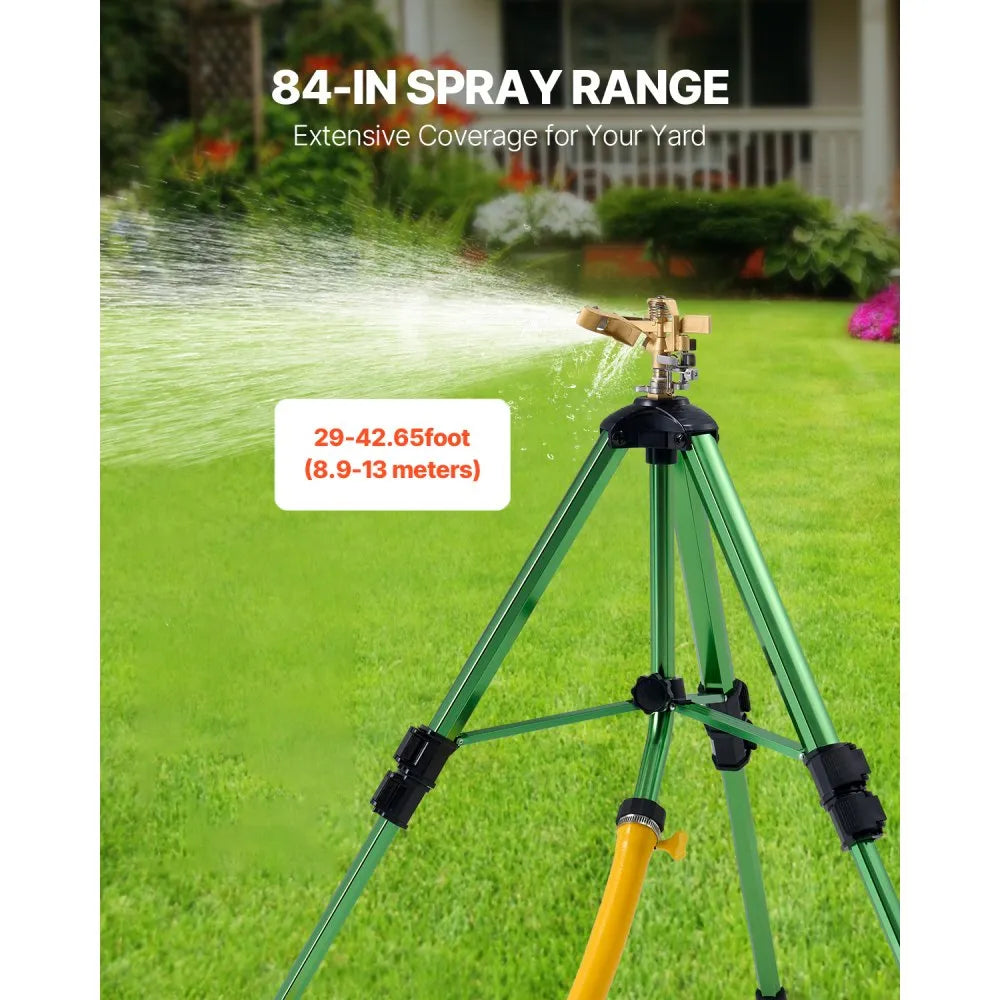 VEVOR Impact Sprinkler on Tripod Base, Heavy Duty Tripod Sprinklers with Brass Head & 3/4" Connector, 360 Degree Large Area Coverage Irrigation Sprinkler, Adjustable Heights Sprinkler for Yard Green