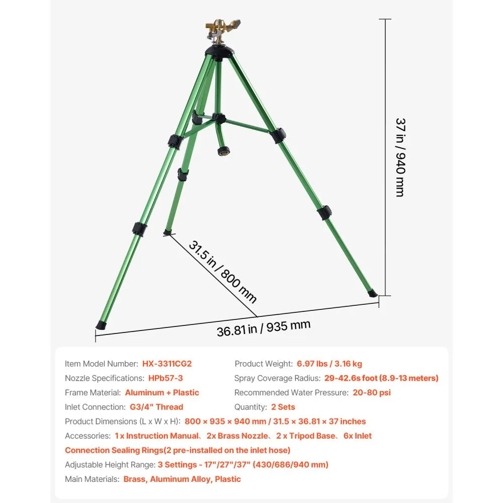 VEVOR Impact Sprinkler on Tripod Base, Heavy Duty Tripod Sprinklers with Brass Head & 3/4" Connector, 360 Degree Large Area Coverage Irrigation Sprinkler, Adjustable Heights Sprinkler for Yard Green