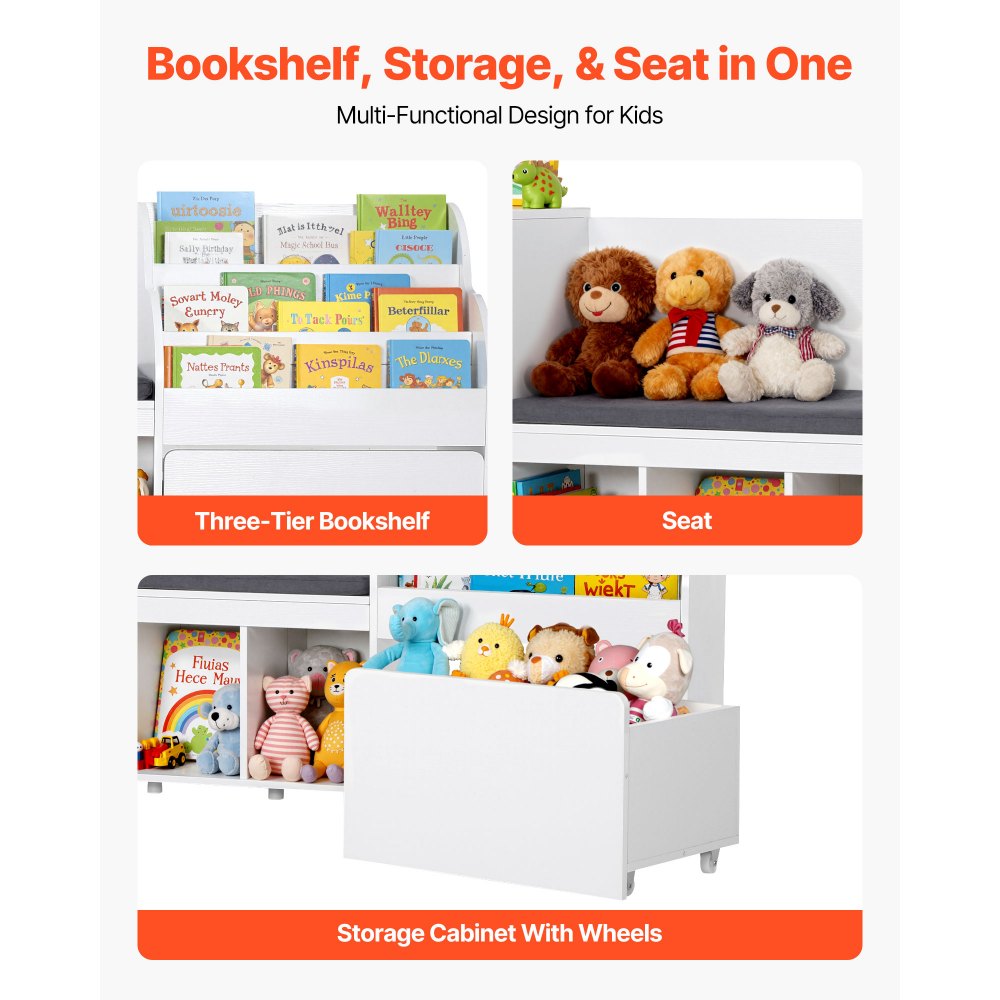 VEVOR Kids Reading Nook, Wooden Storage Bench with Backrest, Kids Bookshelf & Toy Organizer, Large Toy Box Chest for Playroom, Living Room or Entryway, Easy Assembly, 66.9 x 15.8 x 31.5 in, White