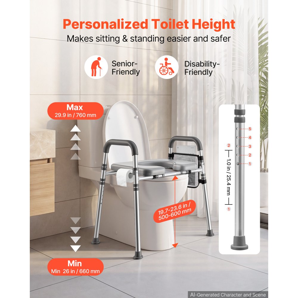 VEVOR Raised Toilet Seat with Handles 350 lb Handicap Elevated Toilet Riser, for Seniors, Elderly & Disabled, Adjustable Height & Width, Soft Cushion Padded, Fits Round, Elongated & V-Shaped Commode