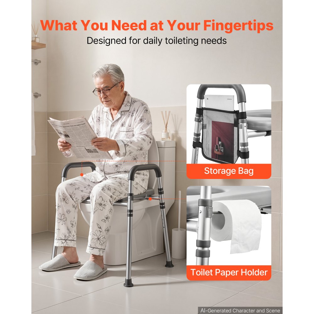 VEVOR Raised Toilet Seat with Handles 350 lb Handicap Elevated Toilet Riser, for Seniors, Elderly & Disabled, Adjustable Height & Width, Soft Cushion Padded, Fits Round, Elongated & V-Shaped Commode