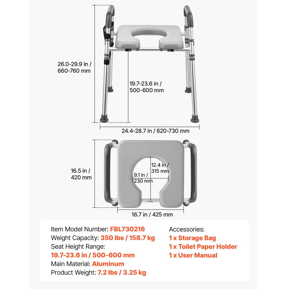 VEVOR Raised Toilet Seat with Handles 350 lb Handicap Elevated Toilet Riser, for Seniors, Elderly & Disabled, Adjustable Height & Width, Soft Cushion Padded, Fits Round, Elongated & V-Shaped Commode