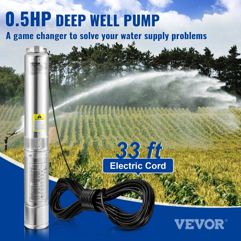 VEVOR Deep Well Submersible Pump, 0.5HP 230V/60Hz, 28gpm 167ft Head, with 33ft Electric Cord, 4\" Stainless Steel Water Pumps for Industrial, Irrigation and Home Use, IP68 Waterproof Grade