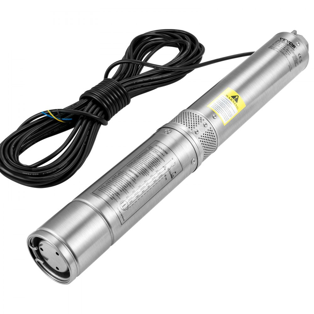 VEVOR Deep Well Submersible Pump, 1HP 230V/60Hz, 37gpm Flow 207ft Head, with 33ft Electric Cord, 4\" Stainless Steel Water Pump for Industrial, Irrigation&Home Use, IP68 Waterproof Grade
