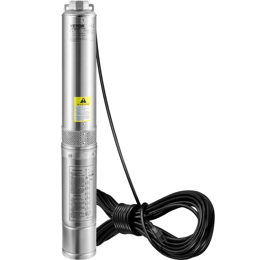 VEVOR Deep Well Submersible Pump, 0.5HP 115V/60Hz, 28gpm Flow 167ft Head, with 33ft Electric Cord, 4\" Stainless Steel Water Pumps for Industrial, Irrigation&Home Use, IP68 Waterproof Grade