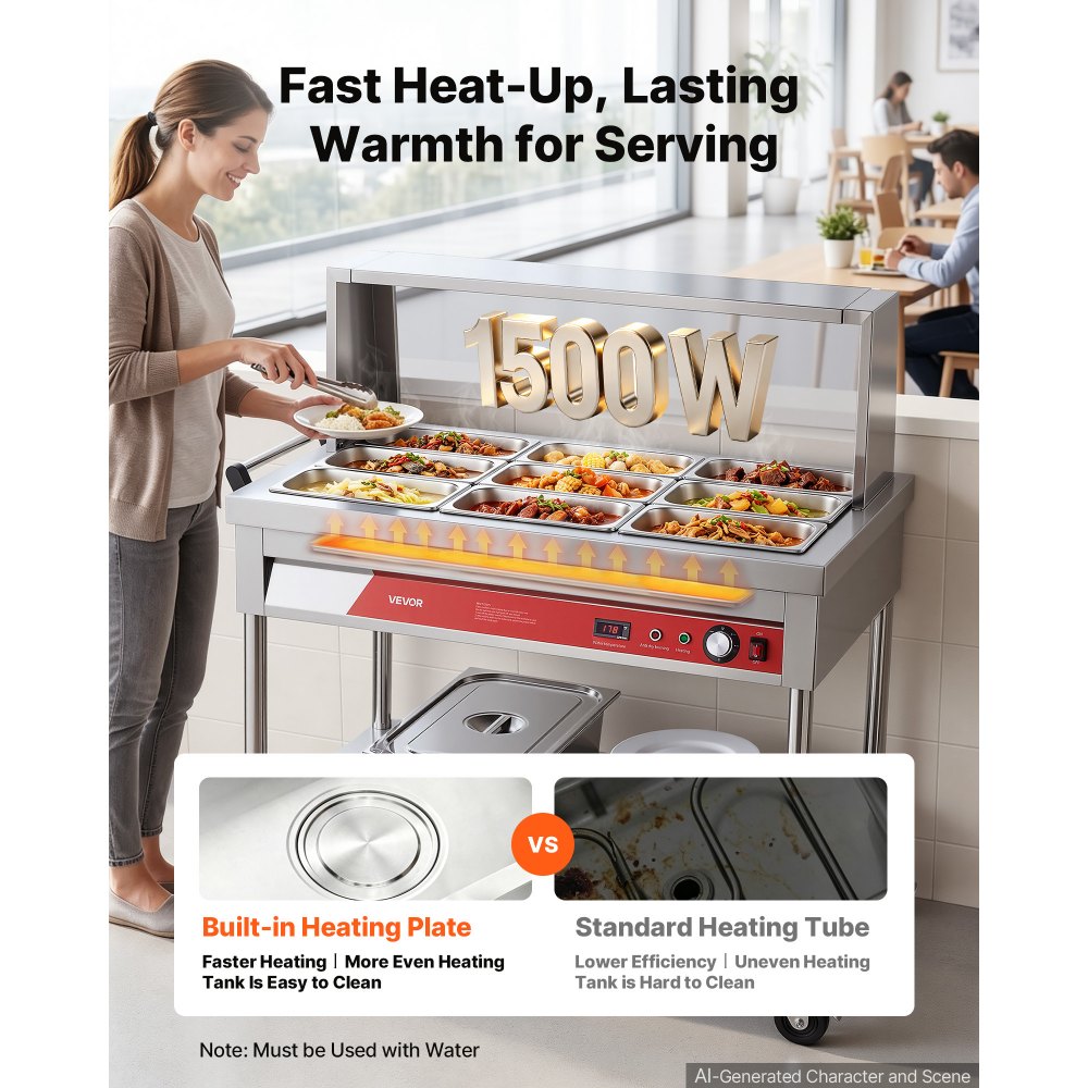 VEVOR Commercial Food Warmer 9 x 1/3 Pans Electric Steam Table 1500W, for Buffet Restaurant Catering, Stainless Steel Server with Additional 1/1 Pan, Acrylic Cover, Undershelf, and Rolling Stand