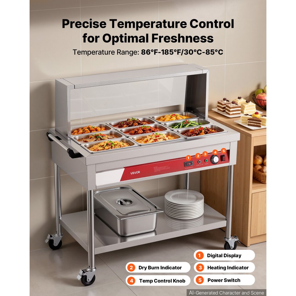 VEVOR Commercial Food Warmer 9 x 1/3 Pans Electric Steam Table 1500W, for Buffet Restaurant Catering, Stainless Steel Server with Additional 1/1 Pan, Acrylic Cover, Undershelf, and Rolling Stand