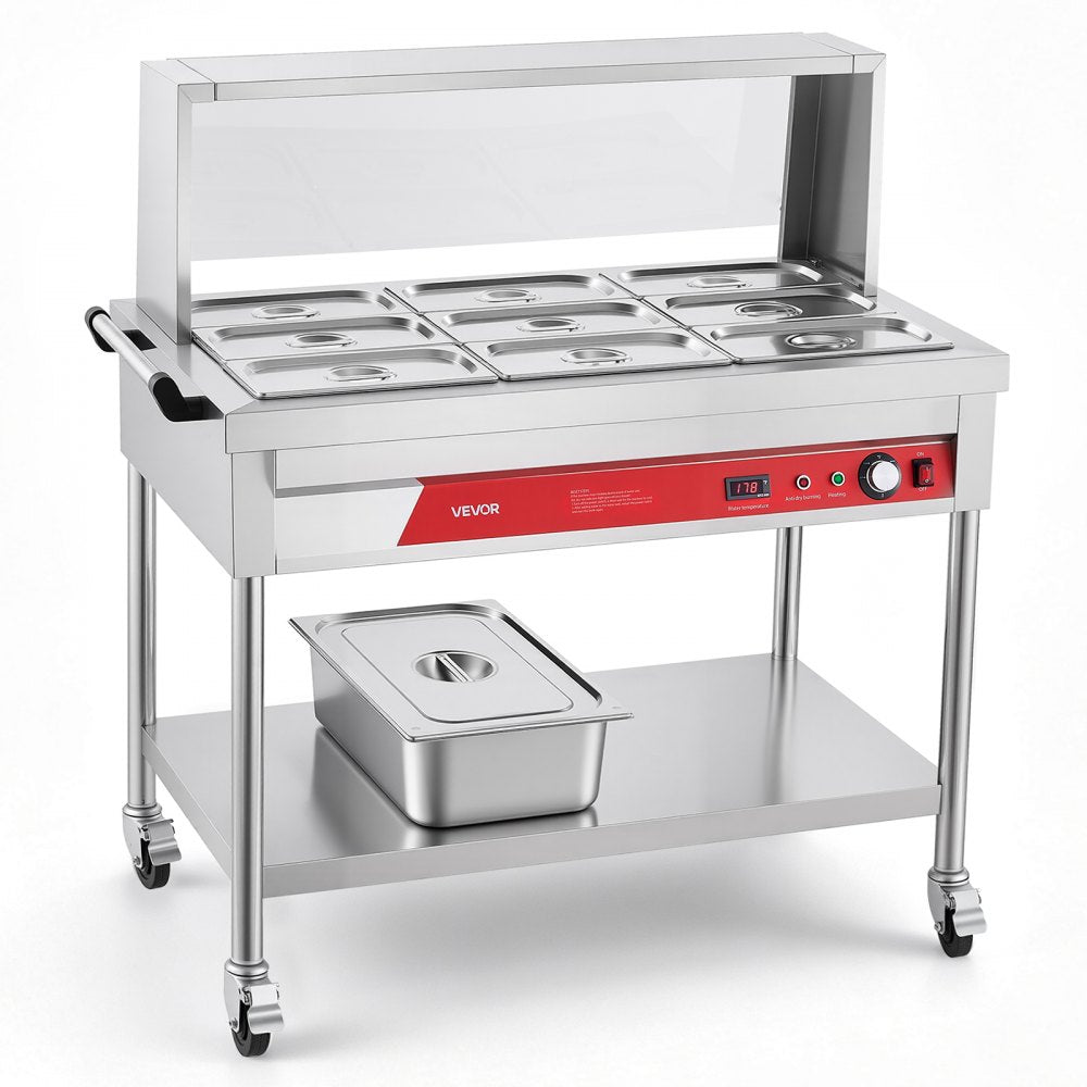 VEVOR Commercial Food Warmer 9 x 1/3 Pans Electric Steam Table 1500W, for Buffet Restaurant Catering, Stainless Steel Server with Additional 1/1 Pan, Acrylic Cover, Undershelf, and Rolling Stand
