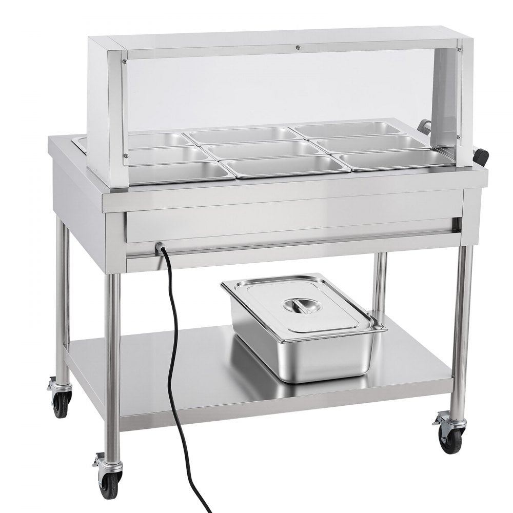 VEVOR Commercial Food Warmer 9 x 1/3 Pans Electric Steam Table 1500W, for Buffet Restaurant Catering, Stainless Steel Server with Additional 1/1 Pan, Acrylic Cover, Undershelf, and Rolling Stand