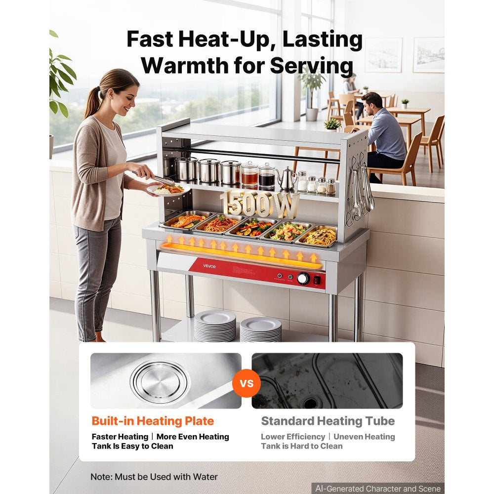 VEVOR Commercial Food Warmer 5 x 1/3 Pans Electric Steam Table 1500W, for Buffet Restaurant Catering Party, Professional Stainless Steel Server, with Undershelf, Rolling Stand, and Temp Control