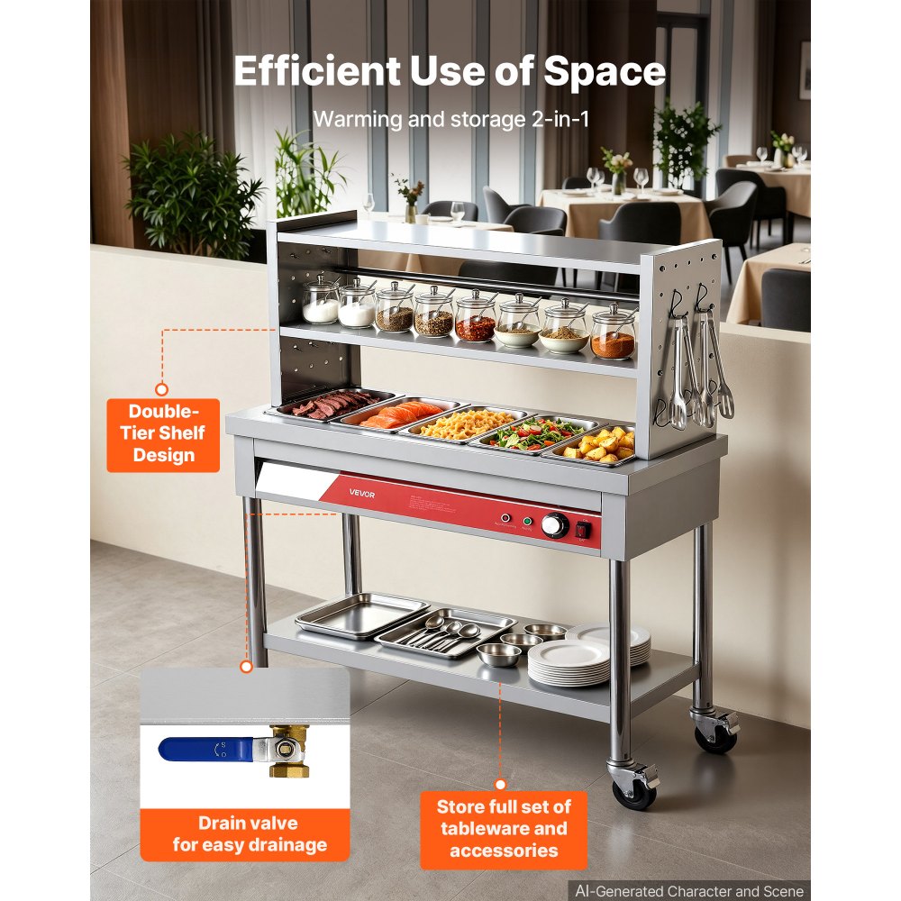 VEVOR Commercial Food Warmer 5 x 1/3 Pans Electric Steam Table 1500W, for Buffet Restaurant Catering Party, Professional Stainless Steel Server, with Undershelf, Rolling Stand, and Temp Control