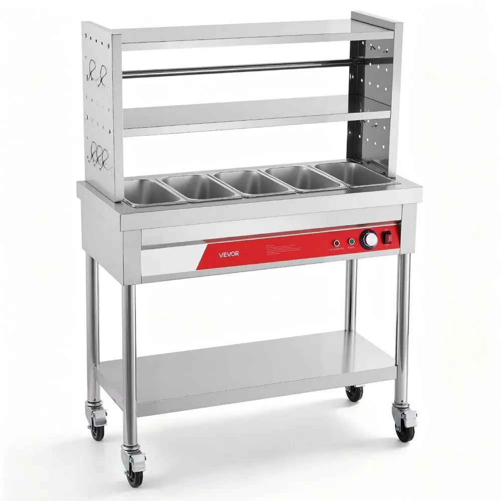 VEVOR Commercial Food Warmer 5 x 1/3 Pans Electric Steam Table 1500W, for Buffet Restaurant Catering Party, Professional Stainless Steel Server, with Undershelf, Rolling Stand, and Temp Control